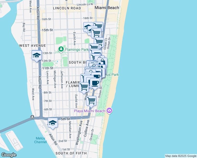 map of restaurants, bars, coffee shops, grocery stores, and more near 953 Collins Avenue in Miami Beach