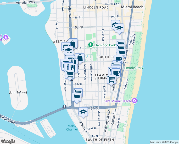 map of restaurants, bars, coffee shops, grocery stores, and more near 960 Jefferson Avenue in Miami Beach