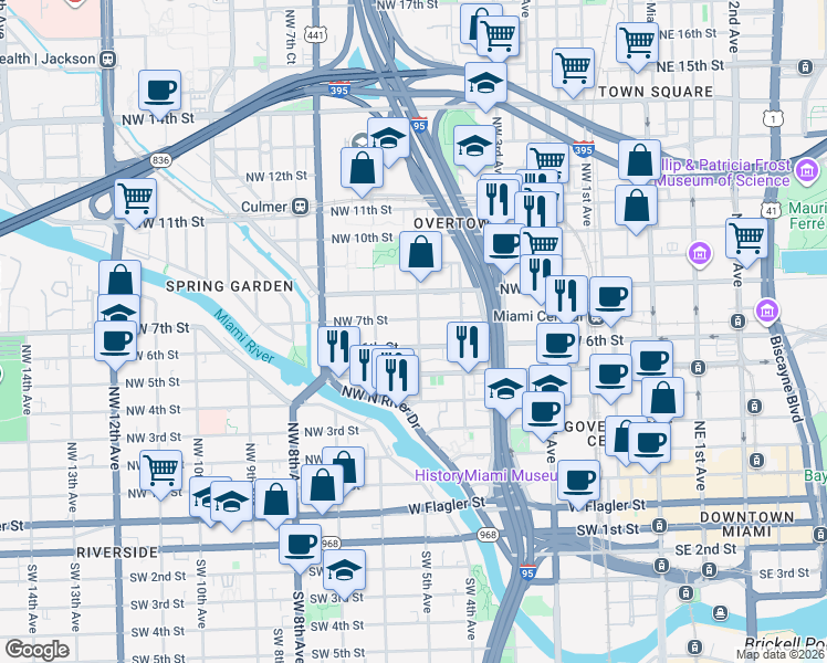 map of restaurants, bars, coffee shops, grocery stores, and more near 642 Northwest 5th Avenue in Miami