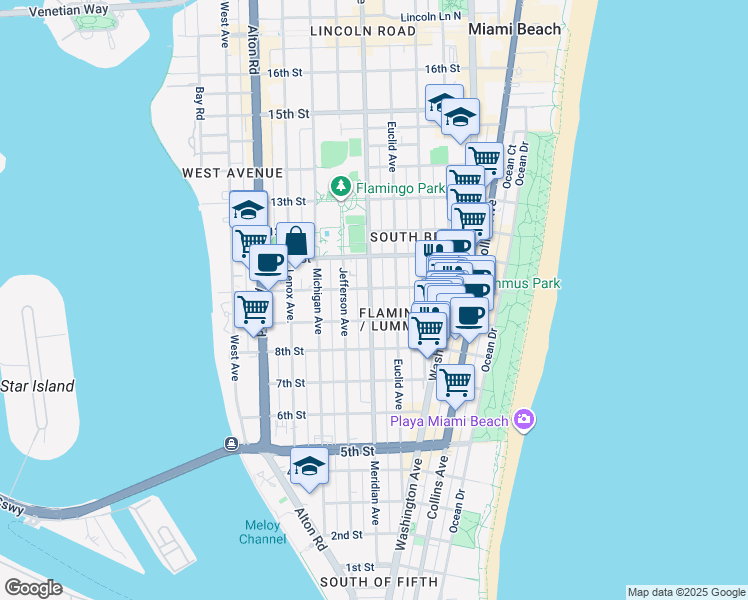 map of restaurants, bars, coffee shops, grocery stores, and more near 732 10th Street in Miami Beach