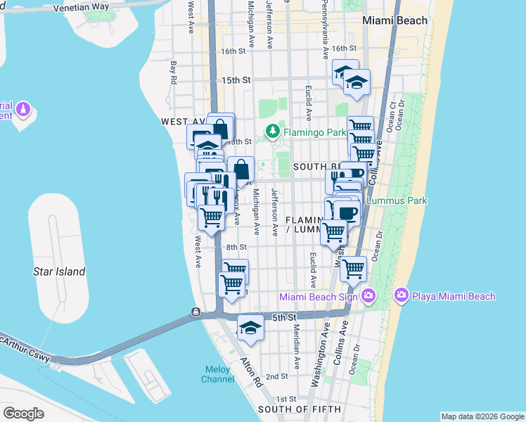 map of restaurants, bars, coffee shops, grocery stores, and more near 960 Jefferson Avenue in Miami Beach