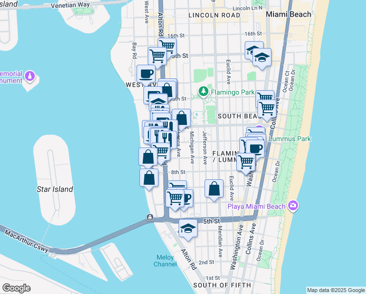 map of restaurants, bars, coffee shops, grocery stores, and more near 1006 10th Street in Miami Beach