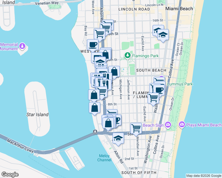 map of restaurants, bars, coffee shops, grocery stores, and more near 1011 Alton Road in Miami Beach