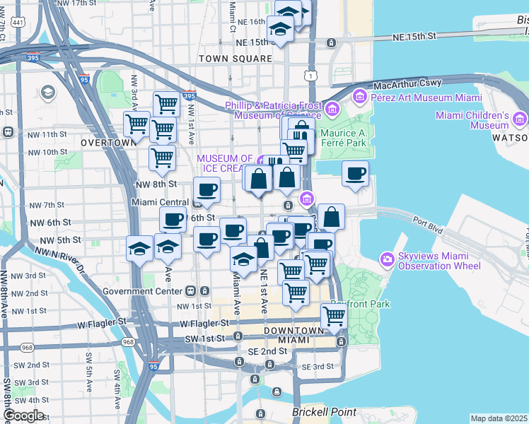 map of restaurants, bars, coffee shops, grocery stores, and more near 601 Northeast 1st Avenue in Miami