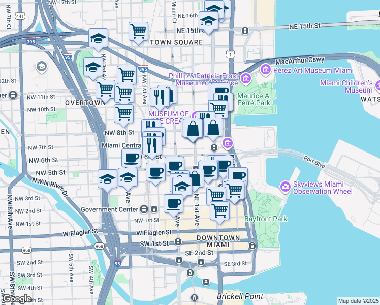 map of restaurants, bars, coffee shops, grocery stores, and more near 435 Northeast 1st Street in Miami