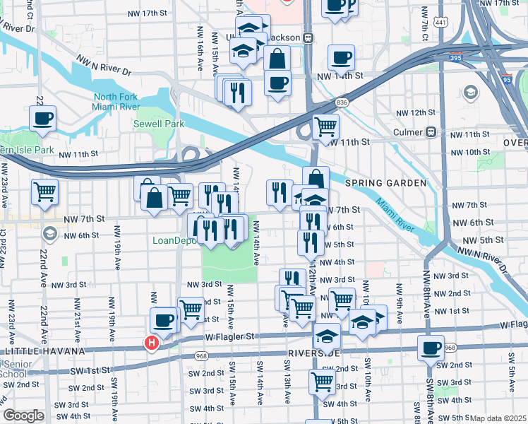 map of restaurants, bars, coffee shops, grocery stores, and more near 1301 Northwest 7th Street in Miami