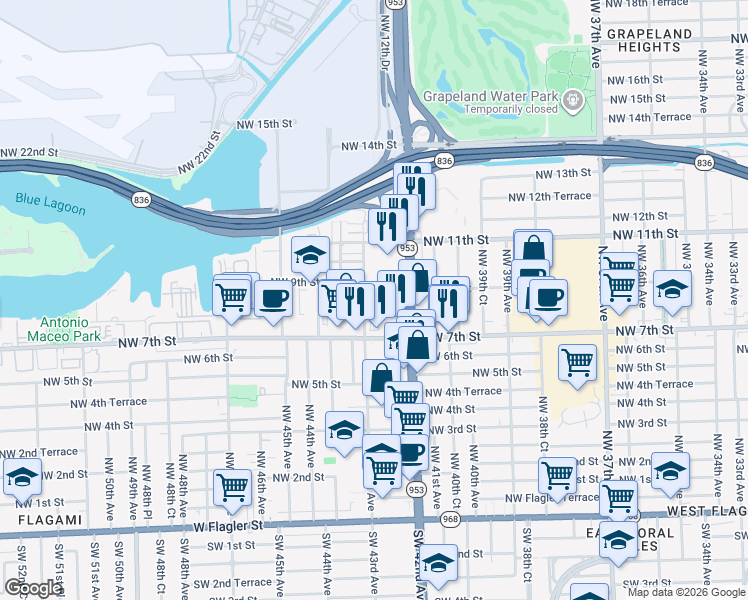 map of restaurants, bars, coffee shops, grocery stores, and more near 850 Northwest 42nd Avenue in Miami