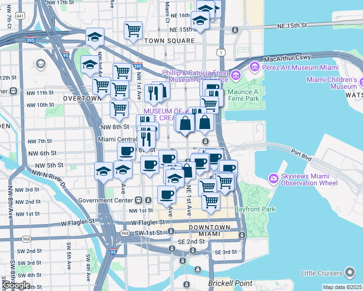 map of restaurants, bars, coffee shops, grocery stores, and more near 435 Northeast 1st Street in Miami