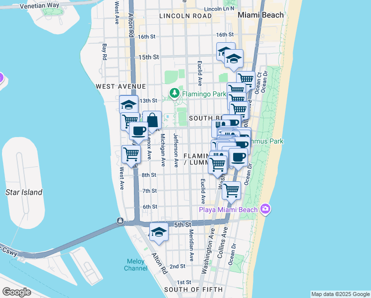 map of restaurants, bars, coffee shops, grocery stores, and more near 732 10th Street in Miami Beach