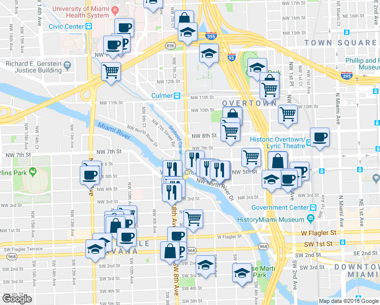 map of restaurants, bars, coffee shops, grocery stores, and more near 690 Northwest 7th Street in Miami