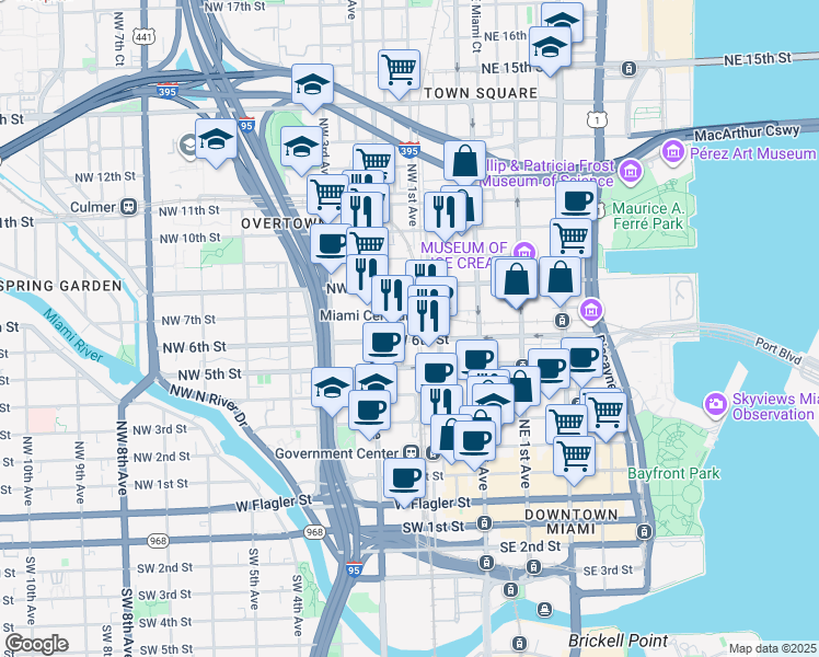 map of restaurants, bars, coffee shops, grocery stores, and more near 604 Northwest 1st Street in Miami