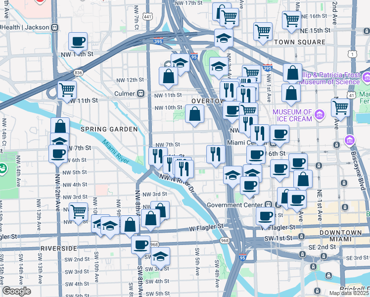 map of restaurants, bars, coffee shops, grocery stores, and more near 540 Northwest 7th Street in Miami