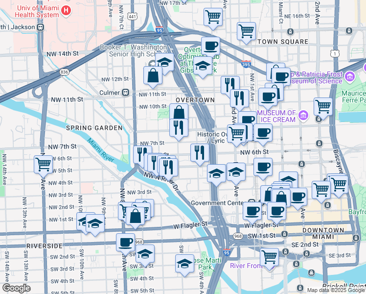 map of restaurants, bars, coffee shops, grocery stores, and more near 458 Northwest 7th Street in Miami