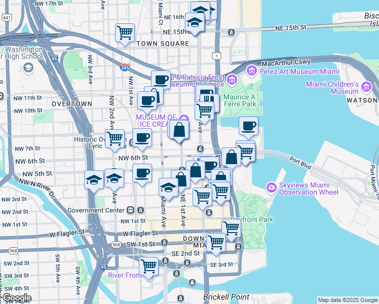 map of restaurants, bars, coffee shops, grocery stores, and more near 601 Northeast 1st Avenue in Miami