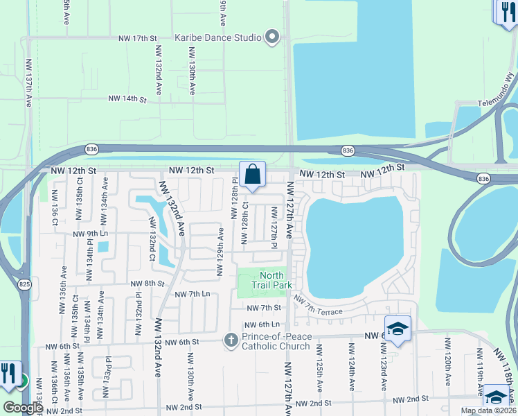 map of restaurants, bars, coffee shops, grocery stores, and more near 12805 Northwest 10th Lane in Miami