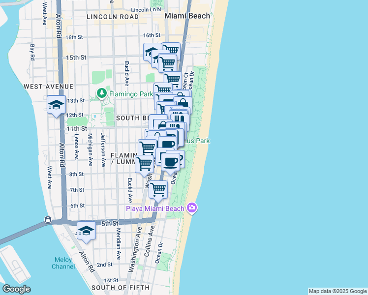 map of restaurants, bars, coffee shops, grocery stores, and more near 1001 Ocean Drive in Miami Beach
