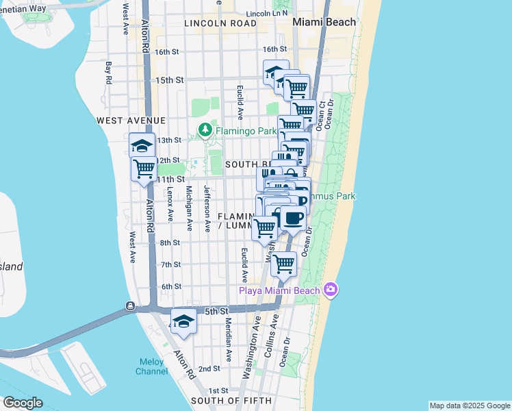 map of restaurants, bars, coffee shops, grocery stores, and more near 950 Pennsylvania Avenue in Miami Beach