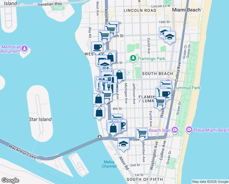 map of restaurants, bars, coffee shops, grocery stores, and more near 1011 Alton Road in Miami Beach