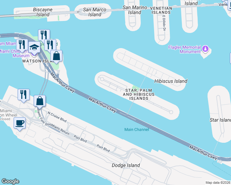 map of restaurants, bars, coffee shops, grocery stores, and more near 220 Palm Avenue in Miami Beach