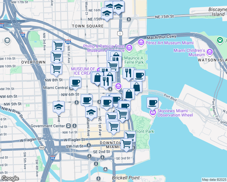 map of restaurants, bars, coffee shops, grocery stores, and more near 215 Southwest 6th Avenue in Miami