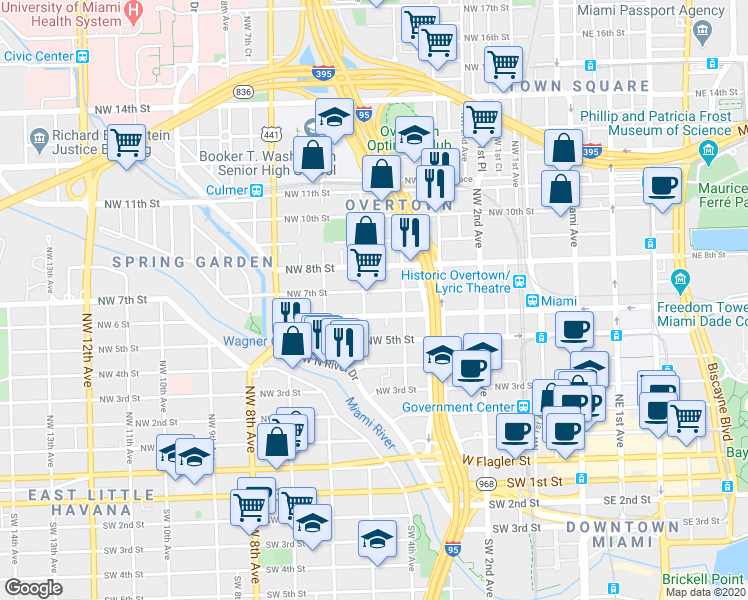 map of restaurants, bars, coffee shops, grocery stores, and more near 432 Northwest 7th Street in Miami