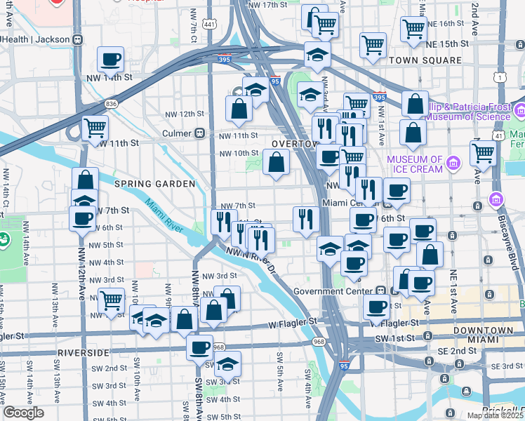 map of restaurants, bars, coffee shops, grocery stores, and more near 540 Northwest 7th Street in Miami