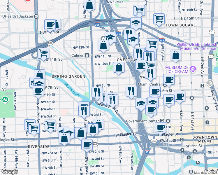 map of restaurants, bars, coffee shops, grocery stores, and more near 670 Northwest 6th Avenue in Miami