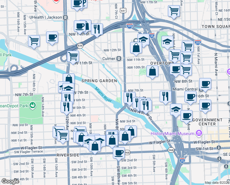 map of restaurants, bars, coffee shops, grocery stores, and more near 700 Northwest 7th Street Road in Miami