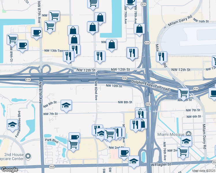 map of restaurants, bars, coffee shops, grocery stores, and more near 8080 Northwest 10th Street in Miami