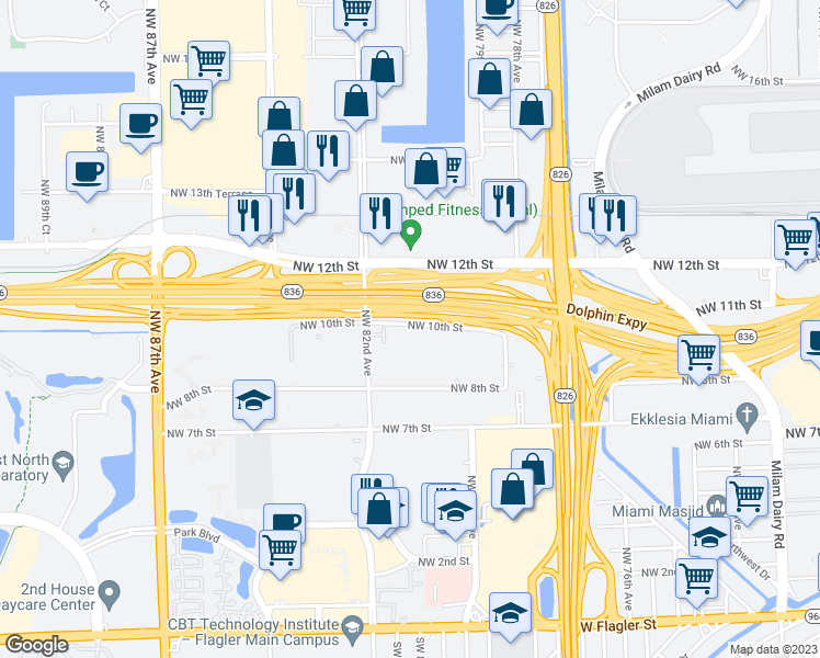 map of restaurants, bars, coffee shops, grocery stores, and more near 8080 Northwest 10th Street in Miami