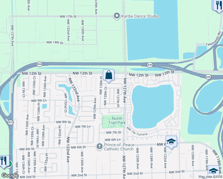 map of restaurants, bars, coffee shops, grocery stores, and more near 12805 Northwest 10th Lane in Miami