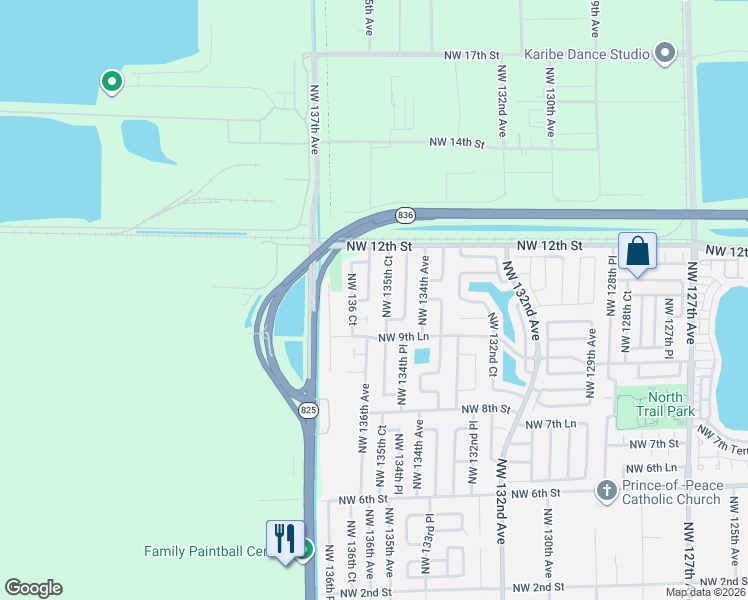 map of restaurants, bars, coffee shops, grocery stores, and more near 1046 Northwest 136th Avenue in Miami