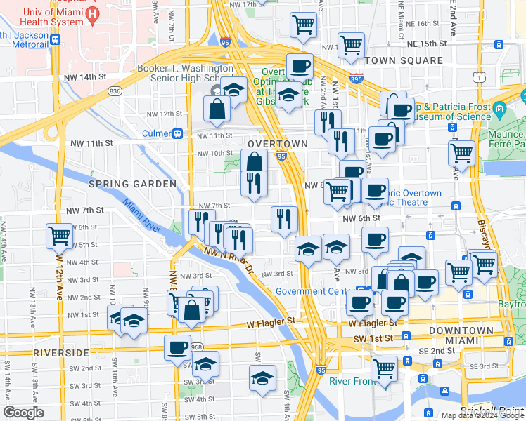 map of restaurants, bars, coffee shops, grocery stores, and more near 448 Northwest 7th Street in Miami