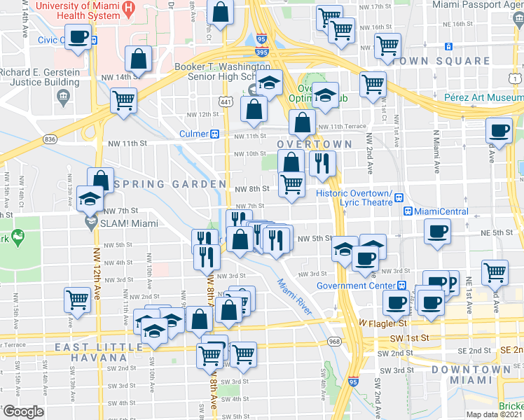 map of restaurants, bars, coffee shops, grocery stores, and more near 670 NW 6th Ave in Miami
