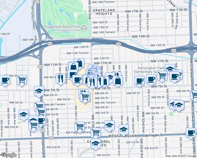 map of restaurants, bars, coffee shops, grocery stores, and more near 814 Northwest 36th Avenue in Miami