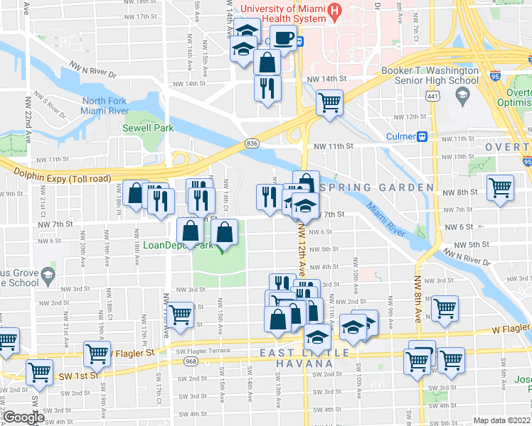 map of restaurants, bars, coffee shops, grocery stores, and more near 1301 Northwest 7th Street in Miami