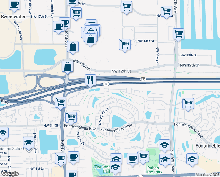 map of restaurants, bars, coffee shops, grocery stores, and more near 10213 Northwest 10th Street in Miami