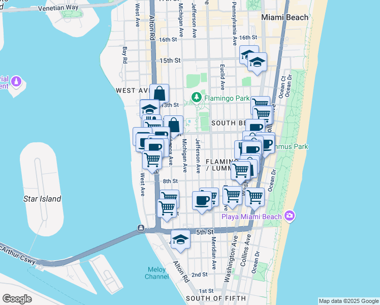 map of restaurants, bars, coffee shops, grocery stores, and more near 930 10th Street in Miami Beach
