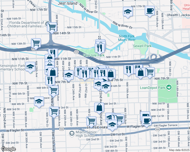 map of restaurants, bars, coffee shops, grocery stores, and more near 747 Northwest 22nd Court in Miami