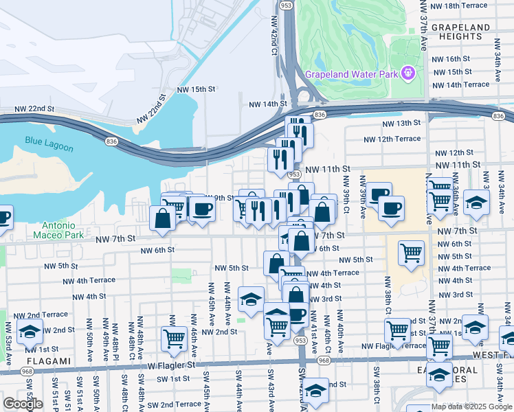 map of restaurants, bars, coffee shops, grocery stores, and more near 4301 Northwest 8th Terrace in Miami