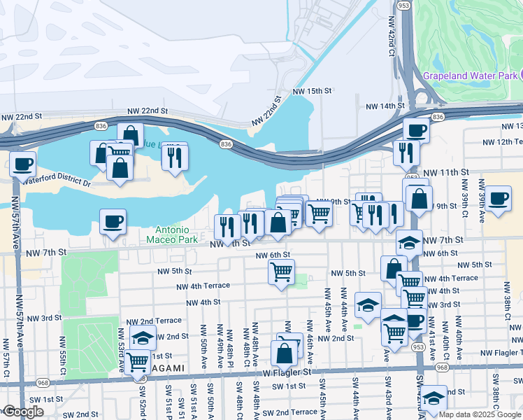 map of restaurants, bars, coffee shops, grocery stores, and more near 4805 Northwest 7th Street in Miami