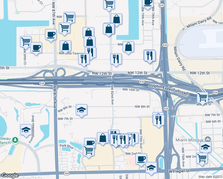 map of restaurants, bars, coffee shops, grocery stores, and more near 925 Northwest 82nd Avenue in Miami
