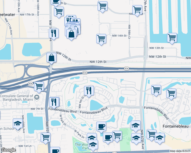 map of restaurants, bars, coffee shops, grocery stores, and more near 10149 Northwest 10th Street in Miami