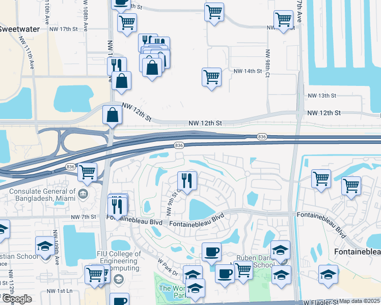 map of restaurants, bars, coffee shops, grocery stores, and more near 10213 Northwest 10th Street in Miami