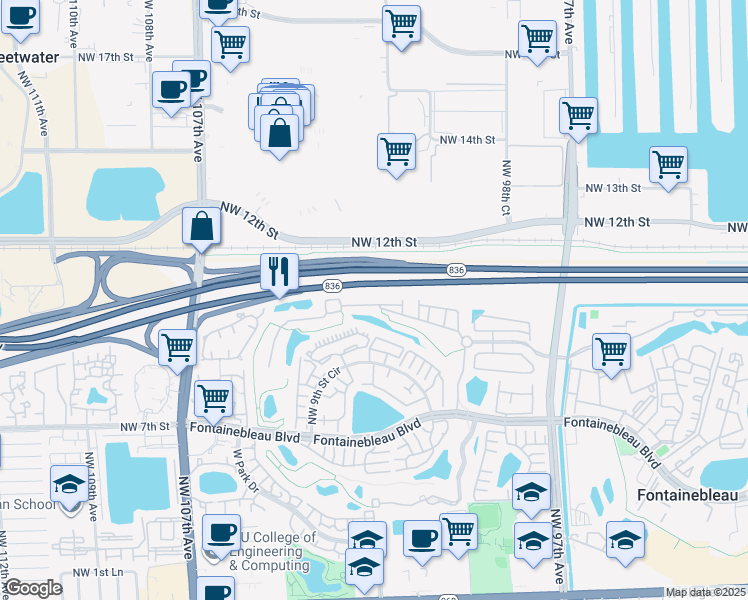 map of restaurants, bars, coffee shops, grocery stores, and more near 10149 Northwest 10th Street in Miami