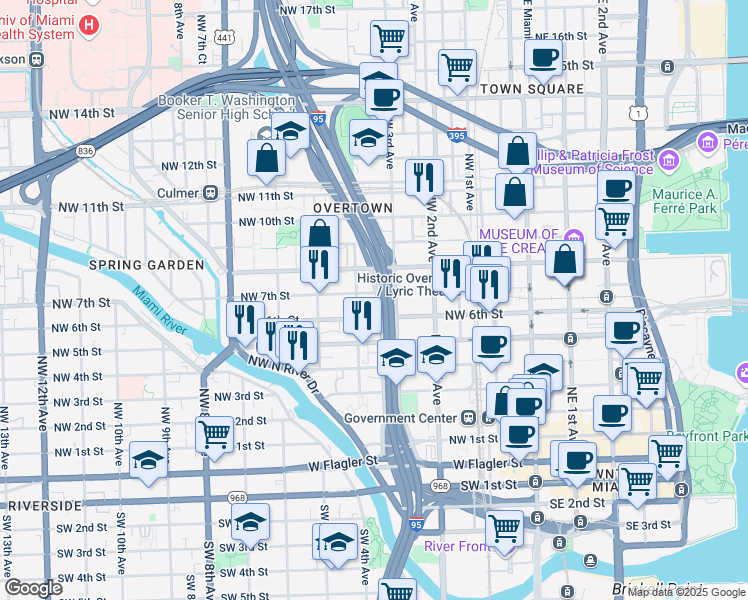 map of restaurants, bars, coffee shops, grocery stores, and more near 342 Northwest 7th Street in Miami