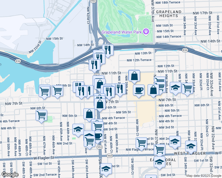 map of restaurants, bars, coffee shops, grocery stores, and more near 840 Northwest 40th Avenue in Miami