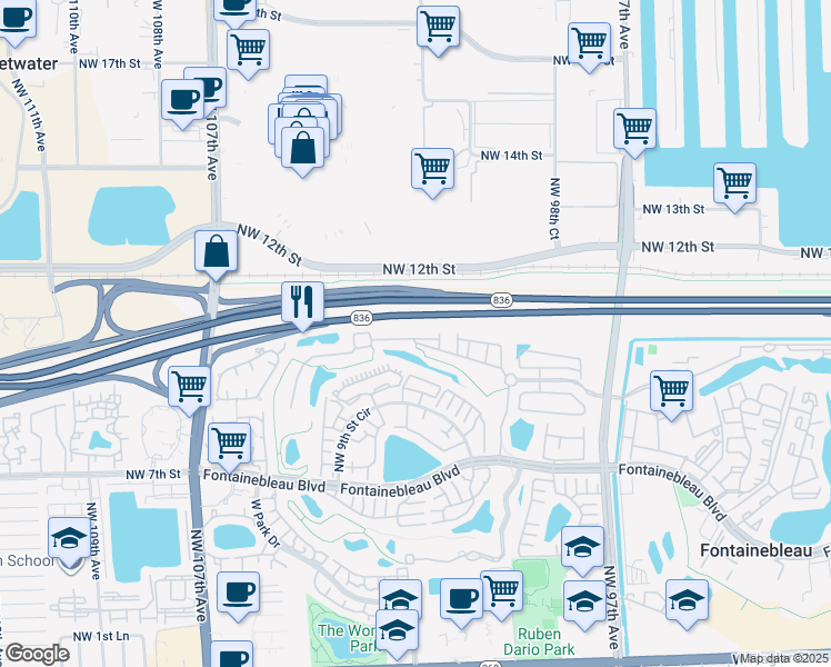 map of restaurants, bars, coffee shops, grocery stores, and more near 10149 Northwest 10th Street in Miami