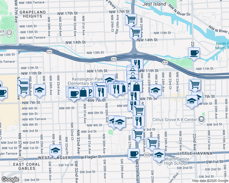 map of restaurants, bars, coffee shops, grocery stores, and more near 768 Northwest 29th Avenue in Miami