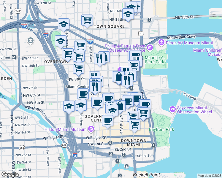 map of restaurants, bars, coffee shops, grocery stores, and more near 100 Northwest 6th Street in Miami